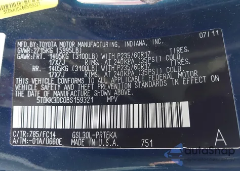 2011 Toyota Sienna Le V6 z USA, uszkodzony, nr VIN 5TDKK3DC0BS159321